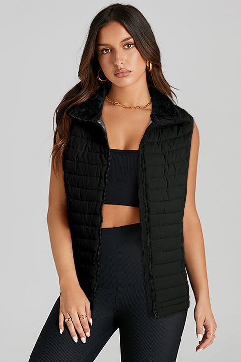 Plush Collared Quilted Zipped Puffer Vest